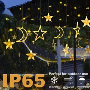 Solar Star Moon String Lights Outdoor with Remote 8 Modes Solar Curtain Lights Waterproof Fairy Lights Solar Powered Window LED Lights Timer Starry Lights for Garden Patio Yard Ramadan Decoration