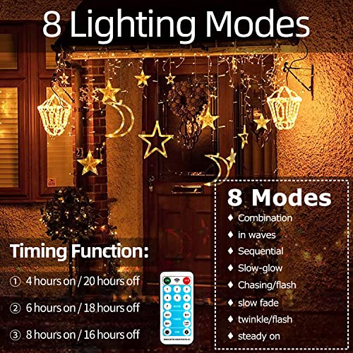 Solar Star Moon String Lights Outdoor with Remote 8 Modes Solar Curtain Lights Waterproof Fairy Lights Solar Powered Window LED Lights Timer Starry Lights for Garden Patio Yard Ramadan Decoration