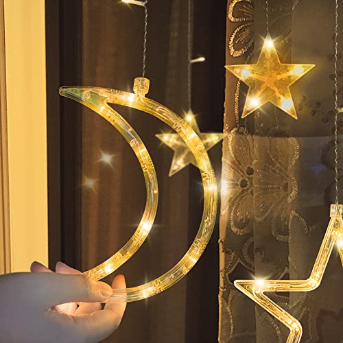 Solar Star Moon String Lights Outdoor with Remote 8 Modes Solar Curtain Lights Waterproof Fairy Lights Solar Powered Window LED Lights Timer Starry Lights for Garden Patio Yard Ramadan Decoration