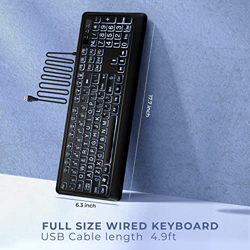 KOPJIPPOM Large Print Backlit Keyboard, Quiet USB Wired Computer Keyboard, Full Size Keyboard with White Illuminated LED Compatible for Windows Desktop, Laptop, PC, Gaming, Black