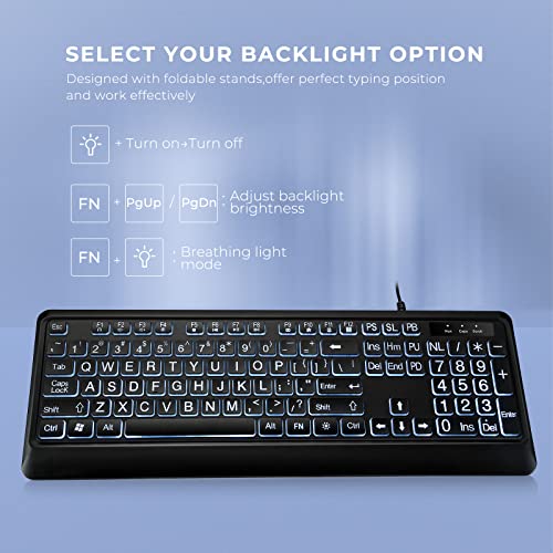 KOPJIPPOM Large Print Backlit Keyboard, Quiet USB Wired Computer Keyboard, Full Size Keyboard with White Illuminated LED Compatible for Windows Desktop, Laptop, PC, Gaming, Black