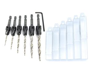 ftg usa wood countersink drill bit set 6 sizes #4 to #14 set countersink hss m2 tapered drill bits, quick change 1/4" hex shank countersink bit, with 6 storage containers, 1 allen wrench