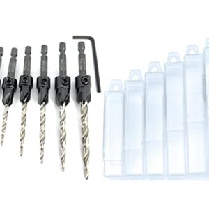 FTG USA Wood Countersink Drill Bit Set 6 Sizes #4 to #14 Set Countersink HSS M2 Tapered Drill Bits, Quick Change 1/4" Hex Shank Countersink bit, with 6 Storage Containers, 1 Allen Wrench