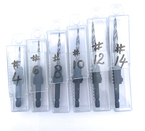 FTG USA Wood Countersink Drill Bit Set 6 Sizes #4 to #14 Set Countersink HSS M2 Tapered Drill Bits, Quick Change 1/4" Hex Shank Countersink bit, with 6 Storage Containers, 1 Allen Wrench