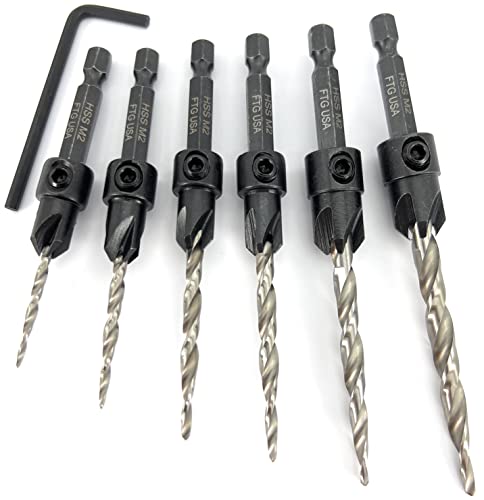 FTG USA Wood Countersink Drill Bit Set 6 Sizes #4 to #14 Set Countersink HSS M2 Tapered Drill Bits, Quick Change 1/4" Hex Shank Countersink bit, with 6 Storage Containers, 1 Allen Wrench