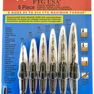 FTG USA Wood Countersink Drill Bit Set 6 Sizes #4 to #14 Set Countersink HSS M2 Tapered Drill Bits, Quick Change 1/4" Hex Shank Countersink bit, with 6 Storage Containers, 1 Allen Wrench