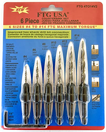 FTG USA Wood Countersink Drill Bit Set 6 Sizes #4 to #14 Set Countersink HSS M2 Tapered Drill Bits, Quick Change 1/4" Hex Shank Countersink bit, with 6 Storage Containers, 1 Allen Wrench