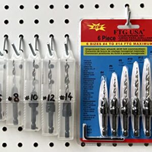 FTG USA Wood Countersink Drill Bit Set 6 Sizes #4 to #14 Set Countersink HSS M2 Tapered Drill Bits, Quick Change 1/4" Hex Shank Countersink bit, with 6 Storage Containers, 1 Allen Wrench