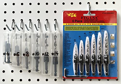 FTG USA Wood Countersink Drill Bit Set 6 Sizes #4 to #14 Set Countersink HSS M2 Tapered Drill Bits, Quick Change 1/4" Hex Shank Countersink bit, with 6 Storage Containers, 1 Allen Wrench