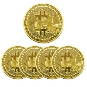 naturiway 5pcs bitcoin coin, bitcoin commemorative coin 24k gold plated, 3mm btc cryptocurrency, collectible coin with protective case, blockchain cryptocurrency, home and office decoration