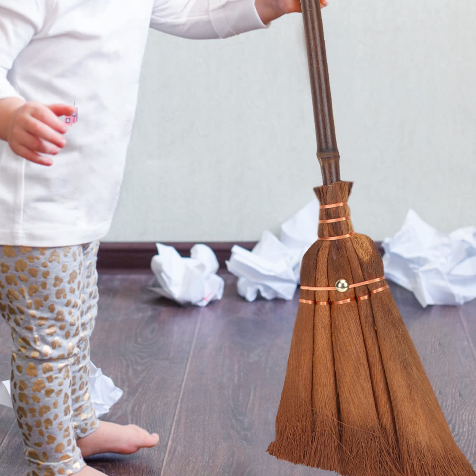 Kids Broom Toy Natural Straw Broom Wooden Handle Broom for Indoor Outdoor Daily Floors Cleaning Tool