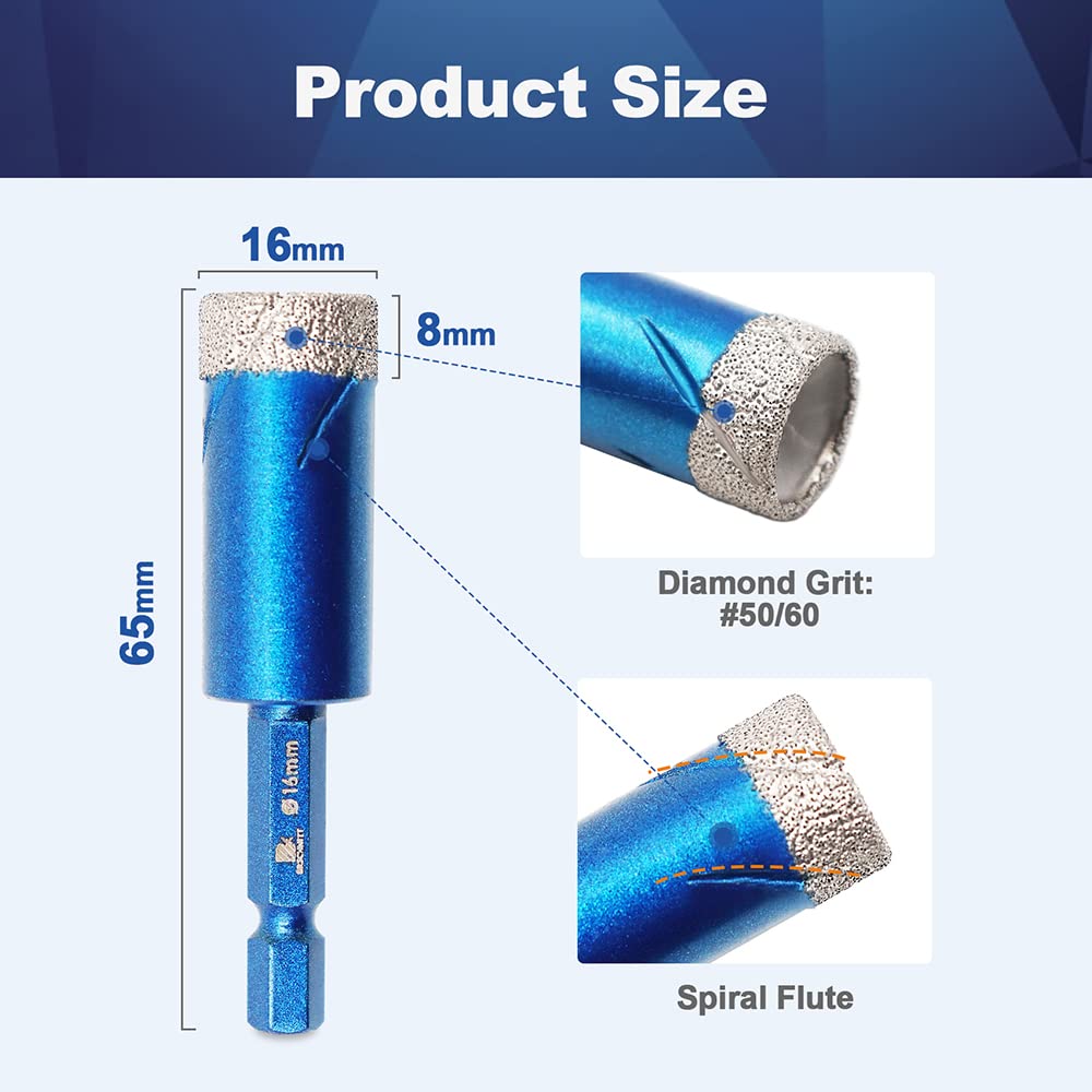 Diamond Drill Bit 16mm,BRSCHNITT 2pcs/Pack 5/8 Inch Diamond Hole Saw Drill Bit for Porcelain Tile Ceramic Stone Granite Marble,Hex Shank Dry Drilling Diamond Core Drill Bit Set