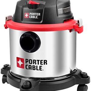 Porter-Cable Wet/Dry Vacuum 5 Gallon 4HP Stainless Steel Light Weight Portable, 3 in 1 Function with Attachments, Silver+Red, Model: PCX18406-5B