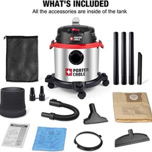 Porter-Cable Wet/Dry Vacuum 5 Gallon 4HP Stainless Steel Light Weight Portable, 3 in 1 Function with Attachments, Silver+Red, Model: PCX18406-5B