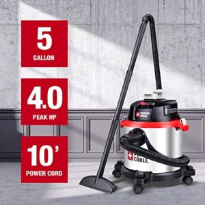 Porter-Cable Wet/Dry Vacuum 5 Gallon 4HP Stainless Steel Light Weight Portable, 3 in 1 Function with Attachments, Silver+Red, Model: PCX18406-5B
