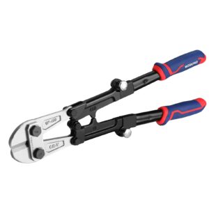 workpro 18-inch foldable bolt cutter, tri-material handle with comfort grip, chrome vanadium steel blade, for rods, bolts, rivets, wires, cables and chains