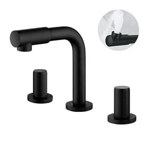 shamanda 8 inch widespread faucet with 360 degree swivel nozzle and spout, modern 2 unique knob handles bathroom sink faucet 3 hole matte black, valve and cupc water supply hoses included, lb801-7