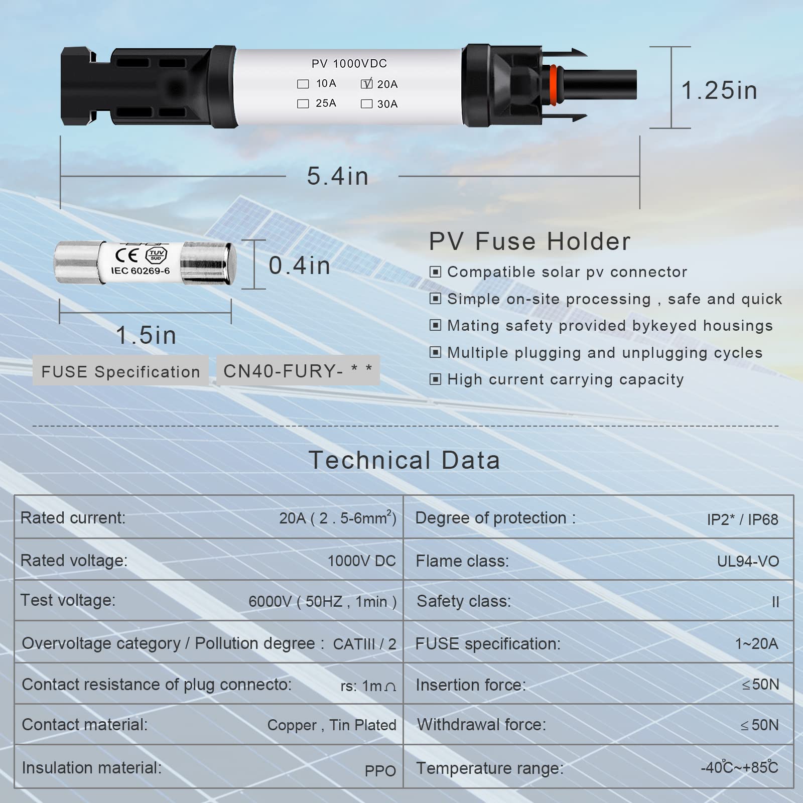 Pvfarosh 20A Solar Fuse Holder Connector IP68 Waterproof 1000V in-line Solar Fuse Holder 20A Male and Female Connector Waterproof in-Line Solar Fuse Holder (4 fuses + 2 Fuse Holders) (20A 2PCS)