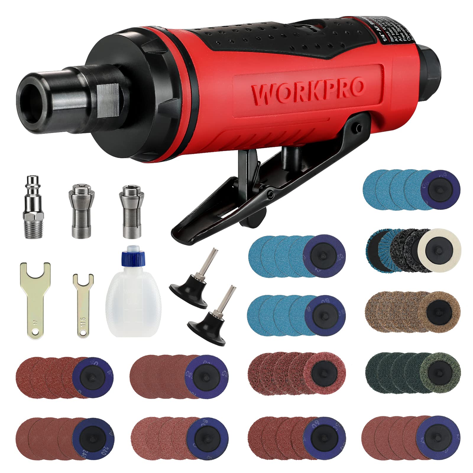 WORKPRO 1/4-Inch Straight Air Die Grinder & WORKPRO 101-pieces Sanding Discs Set