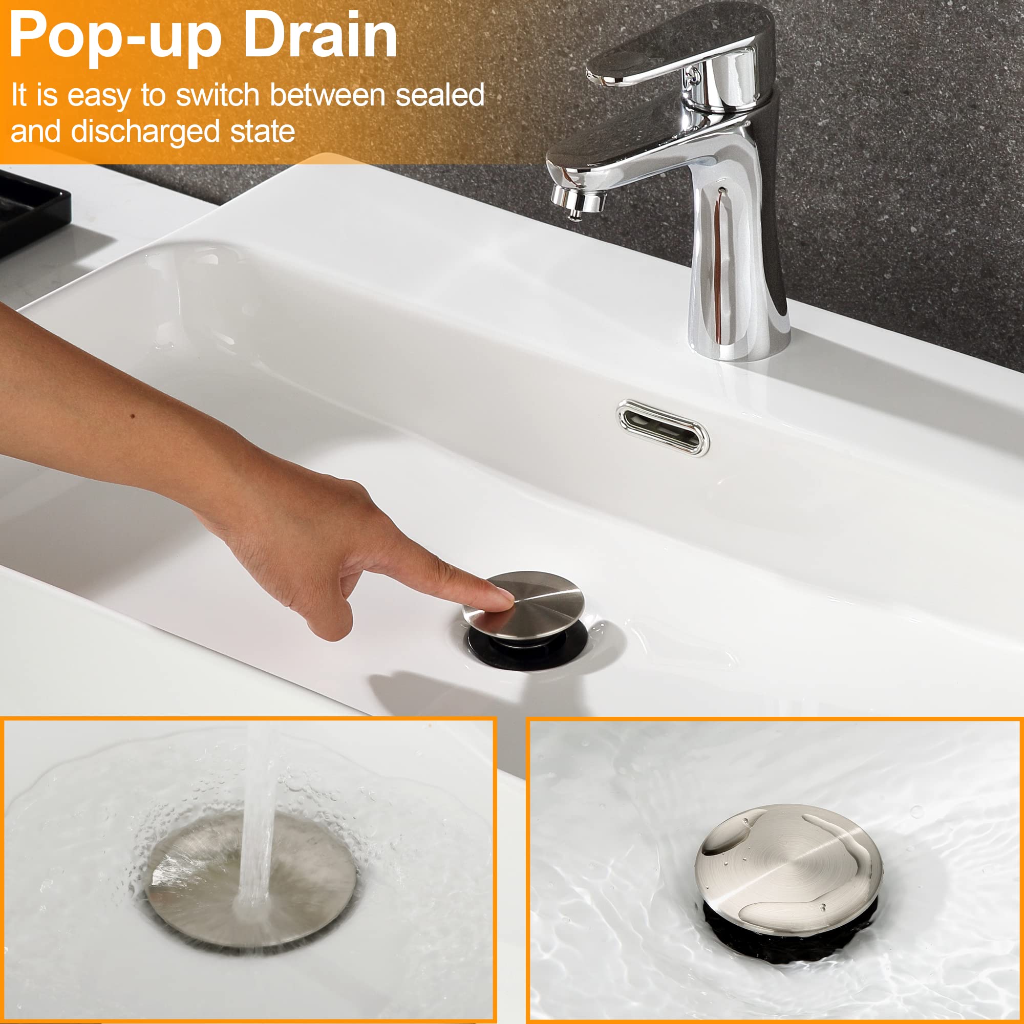 Pop Up Bathroom Sink Drain - Bathroom Sink Stopper with Overflow for Faucet Vessel, Push Type Bathroom Sink Vanity Assembly with Strainer, Brushed Nickel