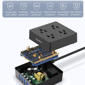 Power Strip, SUPERDANNY Surge Protector, Desktop Charging Station, 4 Outlets, 4 USB Ports, 900 Joules, 5 Ft Extension Cord, Grounded, 3-Prong, Wall Mount, for Home, Office, Hotel, Dorm