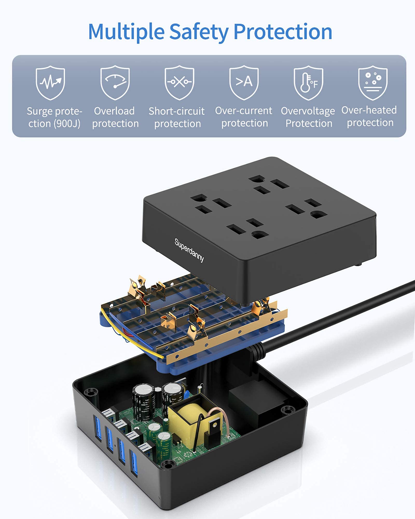 Power Strip, SUPERDANNY Surge Protector, Desktop Charging Station, 4 Outlets, 4 USB Ports, 900 Joules, 5 Ft Extension Cord, Grounded, 3-Prong, Wall Mount, for Home, Office, Hotel, Dorm