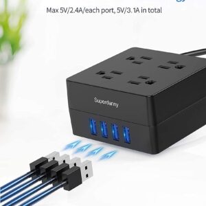 Power Strip, SUPERDANNY Surge Protector, Desktop Charging Station, 4 Outlets, 4 USB Ports, 900 Joules, 5 Ft Extension Cord, Grounded, 3-Prong, Wall Mount, for Home, Office, Hotel, Dorm