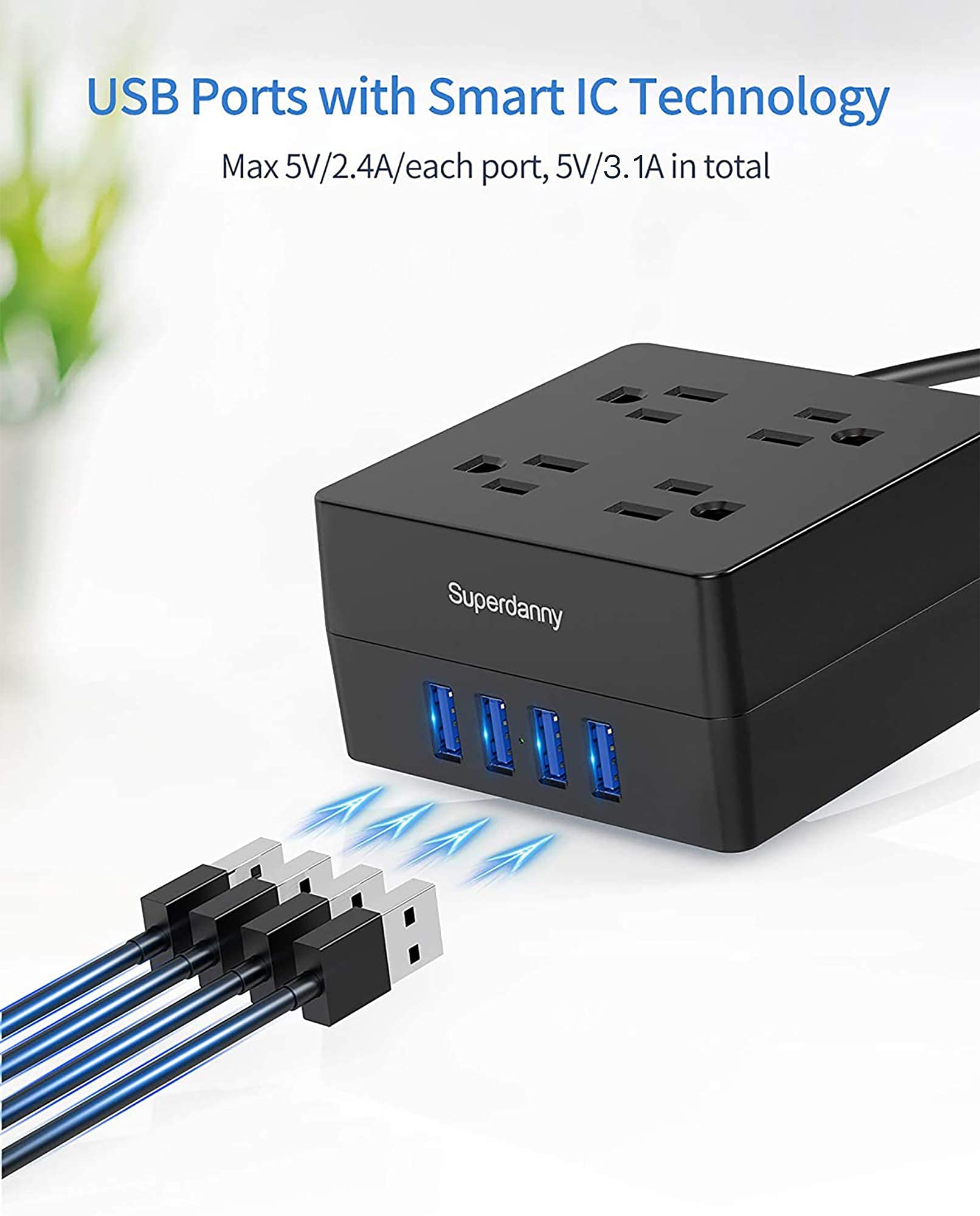 Power Strip, SUPERDANNY Surge Protector, Desktop Charging Station, 4 Outlets, 4 USB Ports, 900 Joules, 5 Ft Extension Cord, Grounded, 3-Prong, Wall Mount, for Home, Office, Hotel, Dorm