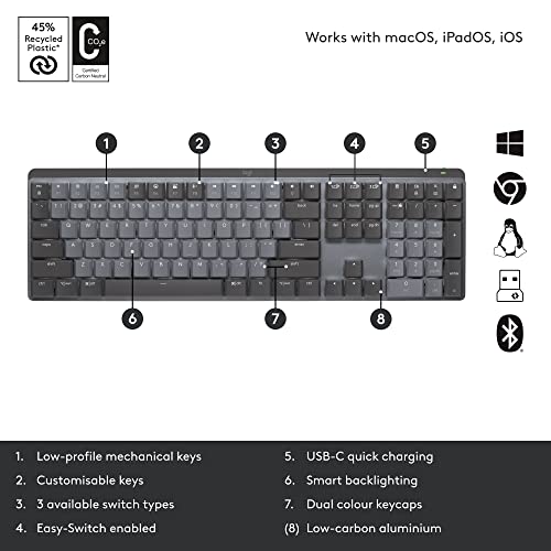 Logitech MX Mechanical Wireless Illuminated Performance Keyboard, Tactile Quiet Switches, Bluetooth, USB-C, macOS, Windows, Linux, iOS, Android, Graphite - With Free Adobe Creative Cloud Subscription