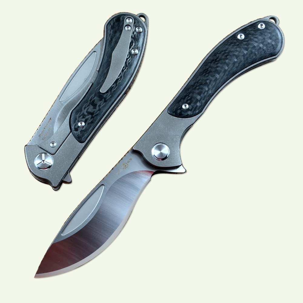 twosun D2 Satin Blade TC4 Titanium Carbon Fiber Handle Folding Hunting Knife TS388