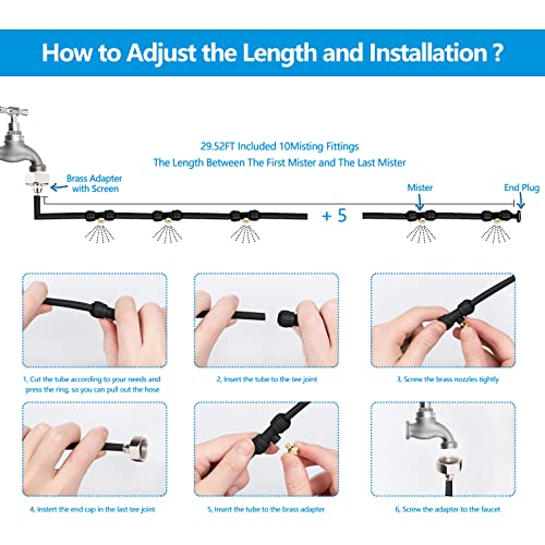 HBlife Misting Cooling System, 39.4 FT(12m) Misting Line + 13 Brass Mist Nozzles + Brass Adapter(3/4In), Misters for Outdoors Patio Garden Greenhouse Trampoline. Outside Mister for Waterpark, Black