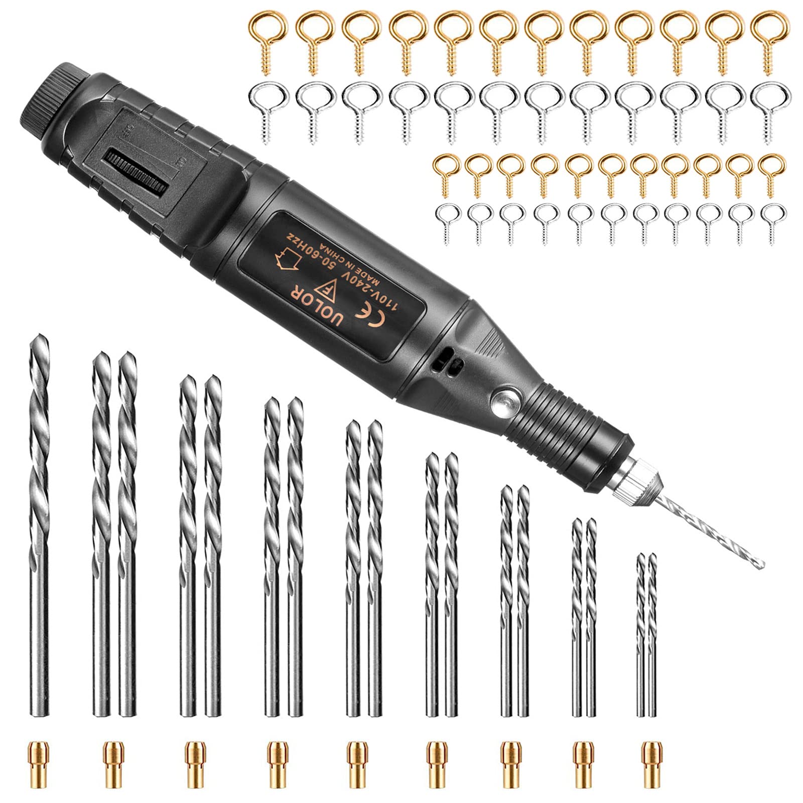 Uolor Electric Corded Hand Drill Kit, Pin Vise Set with 17Pcs Twist Drill Bit, 10Pcs Collet and 200Pcs Screw Eye Pin for Resin Wood Plastic Polymer Clay Keychain Pendant Earring Jewelry Making - Uolor