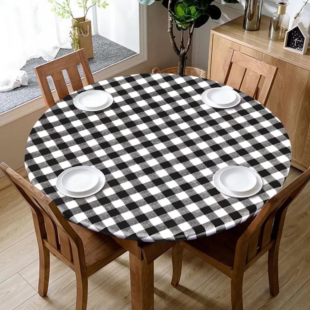 Fitable Vinyl Fitted Round Table Cover with Elastic, Black and White Checkered Tablecloth with Flannel Backing Plaid Table Cloth for Indoor Outdoor Picnic Party (Fit for 45"-56" Round Tables)