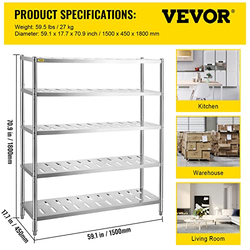 VEVOR Storage Shelf, 5-Tier Storage Shelving Unit, Stainless Steel Garage Shelf, 59.1 x 17.7 x 70.9 inch Heavy Duty Storage Shelving, 661 Lbs Total Capacity with Adjustable Height and Vent Holes