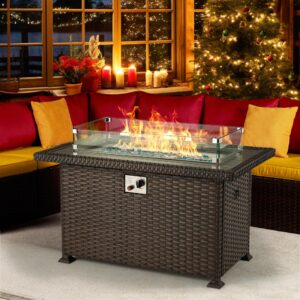 homrest propane fire pit table, 50 inch 50,000 btu auto-ignition gas fire pit table rectangular, wind guard,cover,wood plastic composites tabletop, csa certification firepit for outdoor patio lawn