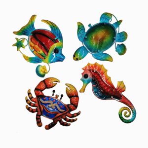 Metal Ocean Wall Sculptures, Set of 4 Colorful Metal Sea Turtle Fish Crab and Seahorse Outdoor Wall Decor, Metal Wall Decor Outdoor Wall Art For Patio Pool Bathroom Yard Farmhouse Fence Deck.