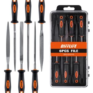 DIFFLIFE 7'' Needle File Set (Carbon Steel 6 Piece-Set) File Handles, Hardened Alloy Strength Steel - Set Includes Flat, Flat Warding, Square, Triangular, Round, and Half-Round File (6-Piece)