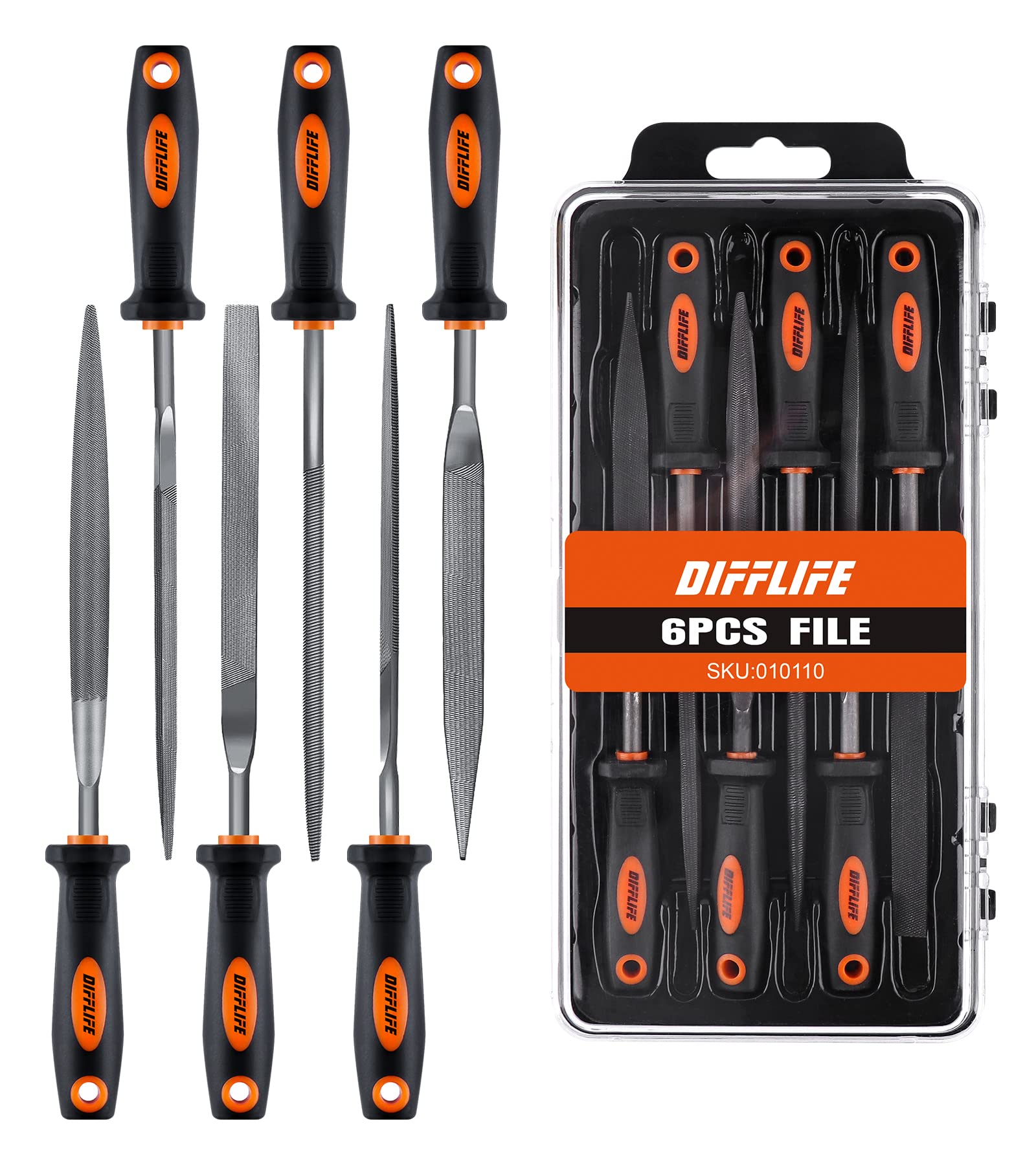 DIFFLIFE 7'' Needle File Set (Carbon Steel 6 Piece-Set) File Handles, Hardened Alloy Strength Steel - Set Includes Flat, Flat Warding, Square, Triangular, Round, and Half-Round File (6-Piece)