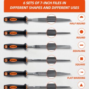 DIFFLIFE 7'' Needle File Set (Carbon Steel 6 Piece-Set) File Handles, Hardened Alloy Strength Steel - Set Includes Flat, Flat Warding, Square, Triangular, Round, and Half-Round File (6-Piece)