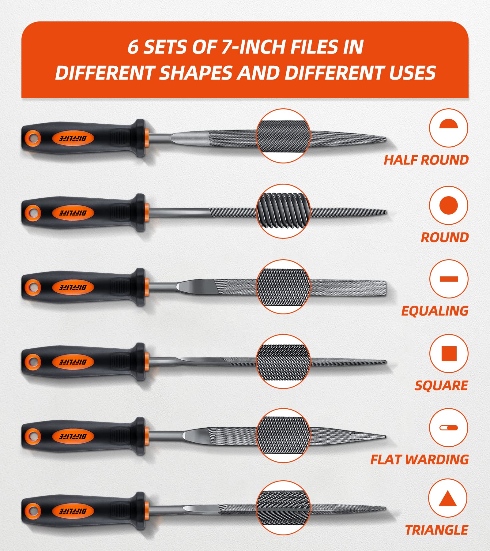 DIFFLIFE 7'' Needle File Set (Carbon Steel 6 Piece-Set) File Handles, Hardened Alloy Strength Steel - Set Includes Flat, Flat Warding, Square, Triangular, Round, and Half-Round File (6-Piece)