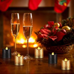 24 Packs Flameless Glitter Candles LED Votive Tealights Battery Operated Tea Lights Warm Yellow Light Holder for Anniversary Wedding New Year Christmas Centerpiece Table Outdoor Decor (Gold, Black)