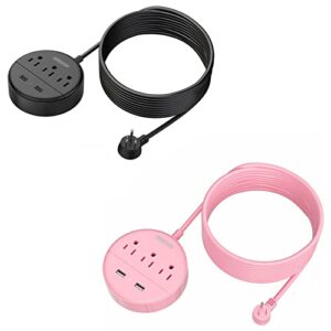 pink and black 15 ft long extension cord power strip with usb bundle, flat plug power strip with 3 outlet 2 usb, etl listed, desktop charging station wall mount for home office dorm room nightstand