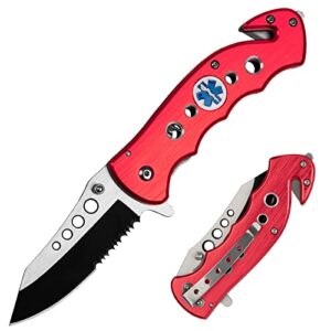 dispatch folding pocket knife red aluminum handle with saw rope cutter and glass breaker, multifunction for outdoor hunting camping hiking edc tool