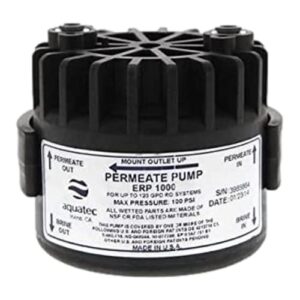 aquatec erp1000 permeate pump with 1/4 od john guest tubing connectors, mounting clip, and screws black