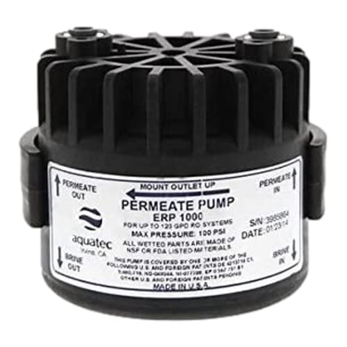 Aquatec ERP1000 Permeate Pump with 1/4 OD John Guest Tubing Connectors, Mounting Clip, and Screws Black