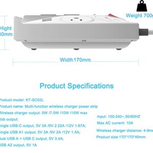 Surge Protector Power Strip Tower, KingTSYU Power Strip Extension Cord with USB C Ports, 4 Outlets and 15W Wireless Charger, USB C PD Power Delivery for Home/Office/Travel (PD 20W)