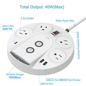 Surge Protector Power Strip Tower, KingTSYU Power Strip Extension Cord with USB C Ports, 4 Outlets and 15W Wireless Charger, USB C PD Power Delivery for Home/Office/Travel (PD 20W)