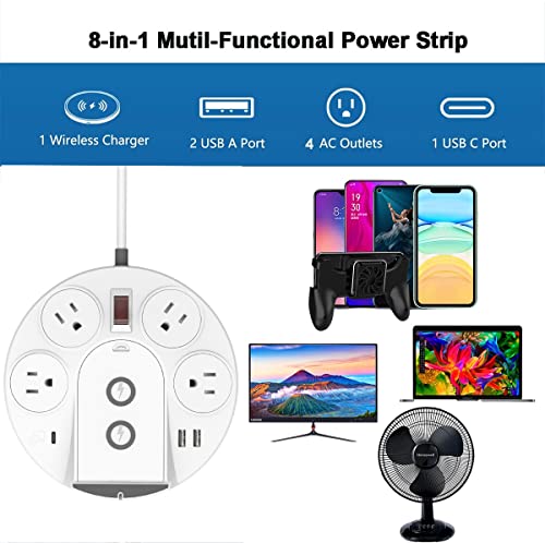 Surge Protector Power Strip Tower, KingTSYU Power Strip Extension Cord with USB C Ports, 4 Outlets and 15W Wireless Charger, USB C PD Power Delivery for Home/Office/Travel (PD 20W)