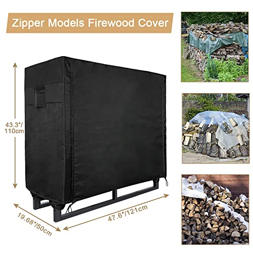 LBW Firewood Rack Cover Outdoor 4ft Heavy Duty Wood & Log Rack Cover 600D Waterproof Fireplace Cover for Log Rack Black Firewood Holder Cover with Zipper and Handle , 47.68 "H x 23.2 "W x 43.3 "L