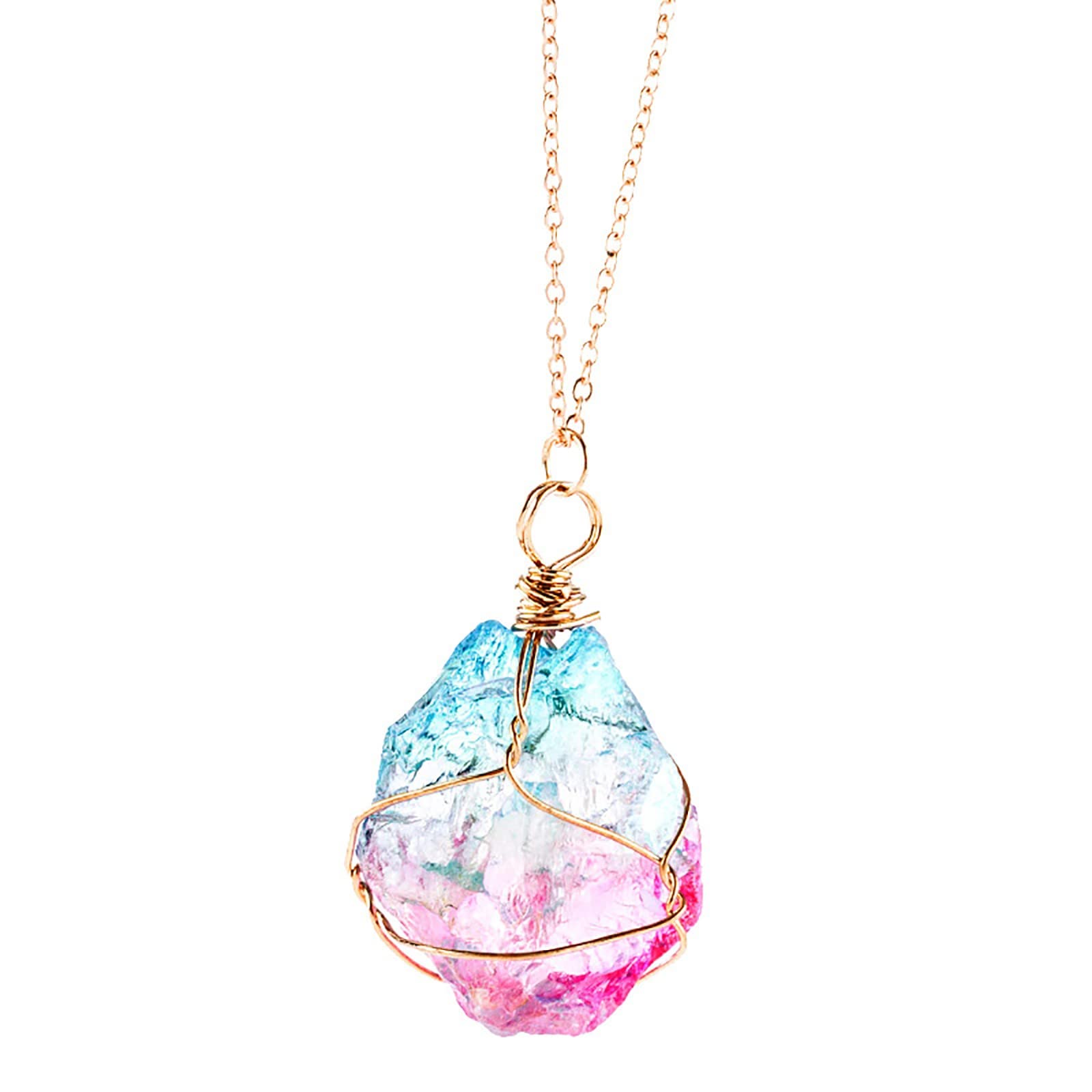 Obeon Natural irregularity Rainbow Stone Natural Crystal Rock Necklace Golden Chain Plated Quartz Pendant Unique Jewelry Gift (1PC) Multicolor